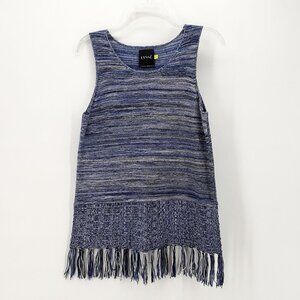LYSSE Lexi Knit Fringed Sleeveless Sweater Top Blue Black White M